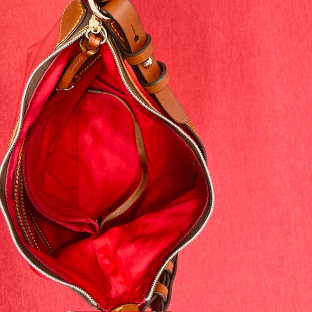 Red Dooney & Bourke ShoulderBag Boho Canvas Brown trim Leather 14"x8"x10" (43 - Picture 11 of 15